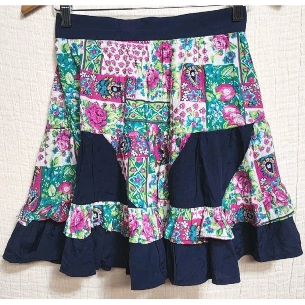 Vintage Flora Da Moda Woman's Fit Flare Flowy A Line Skirt Pockets Blue Floral